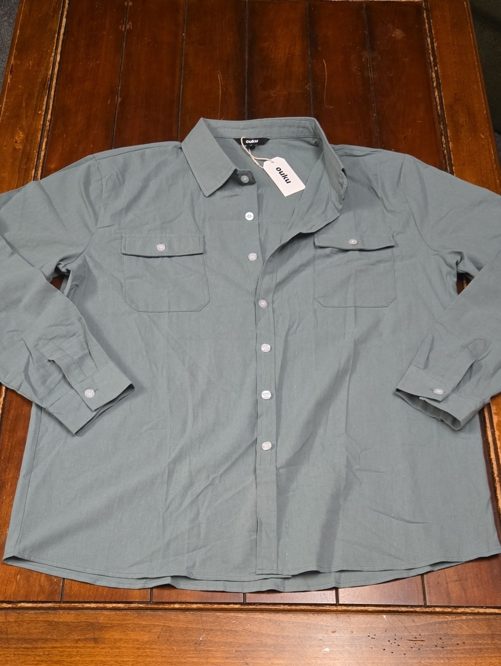 OUKU Men's Sage-Green Casual Button-Down Shirt